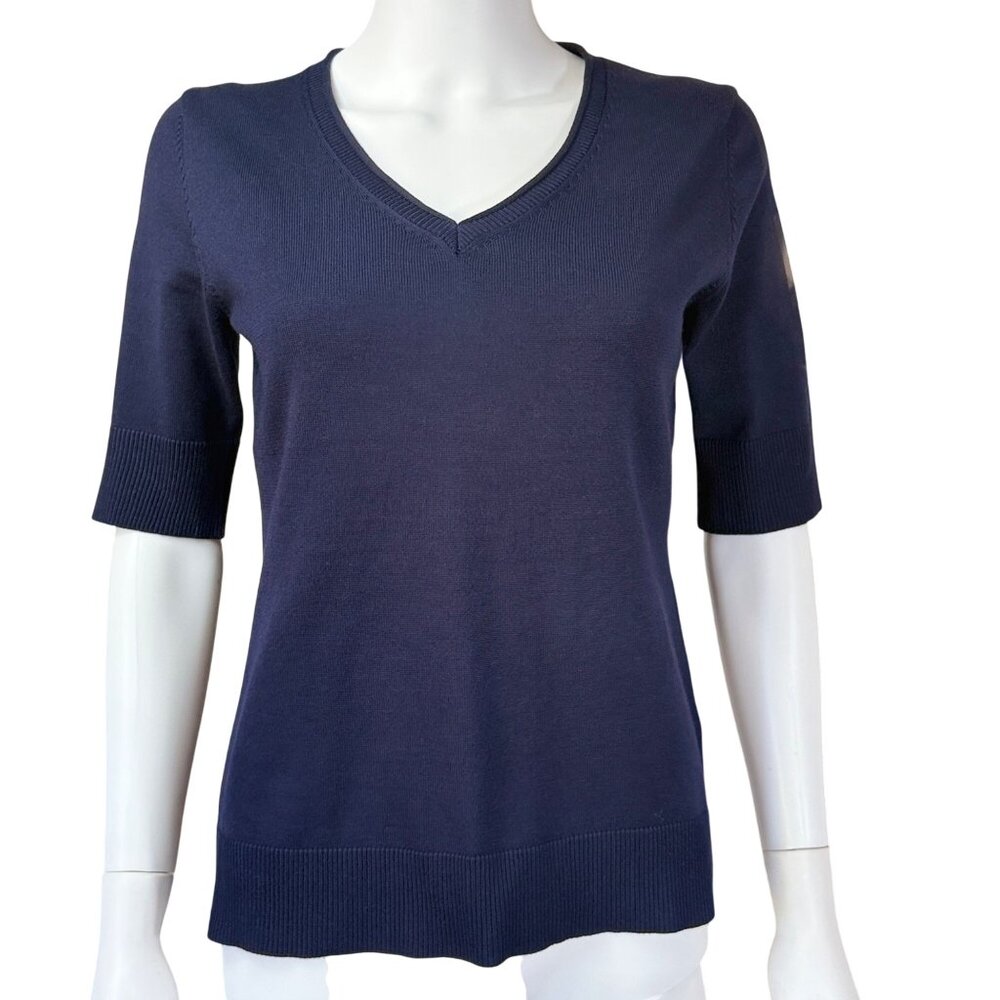 Melissa Paige Sweater Womens PM Navy Rayon Blend Ribbed Elbow Sleeve V-Neck